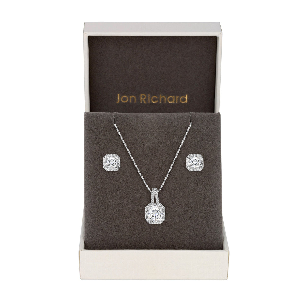 Silver Plated Cubic Zirconia Square Drop Pendant And Earring Set - Gift Boxed