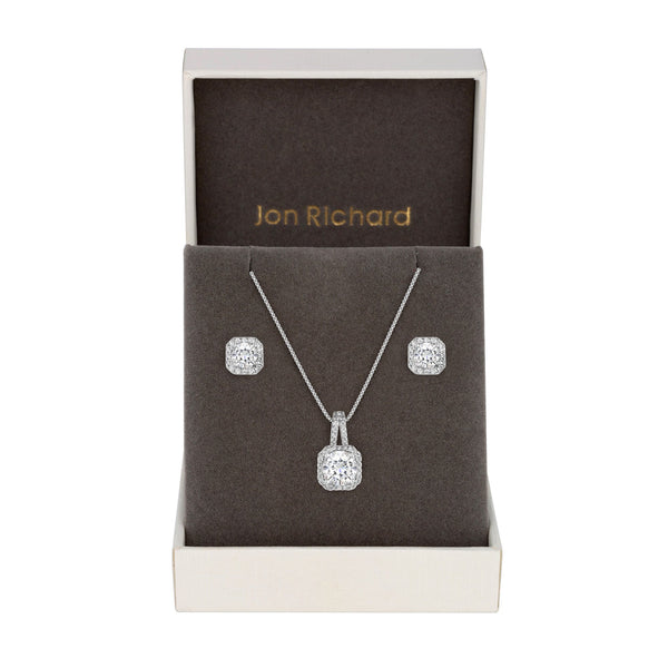 Silver Plated Cubic Zirconia Square Drop Pendant And Earring Set - Gift Boxed