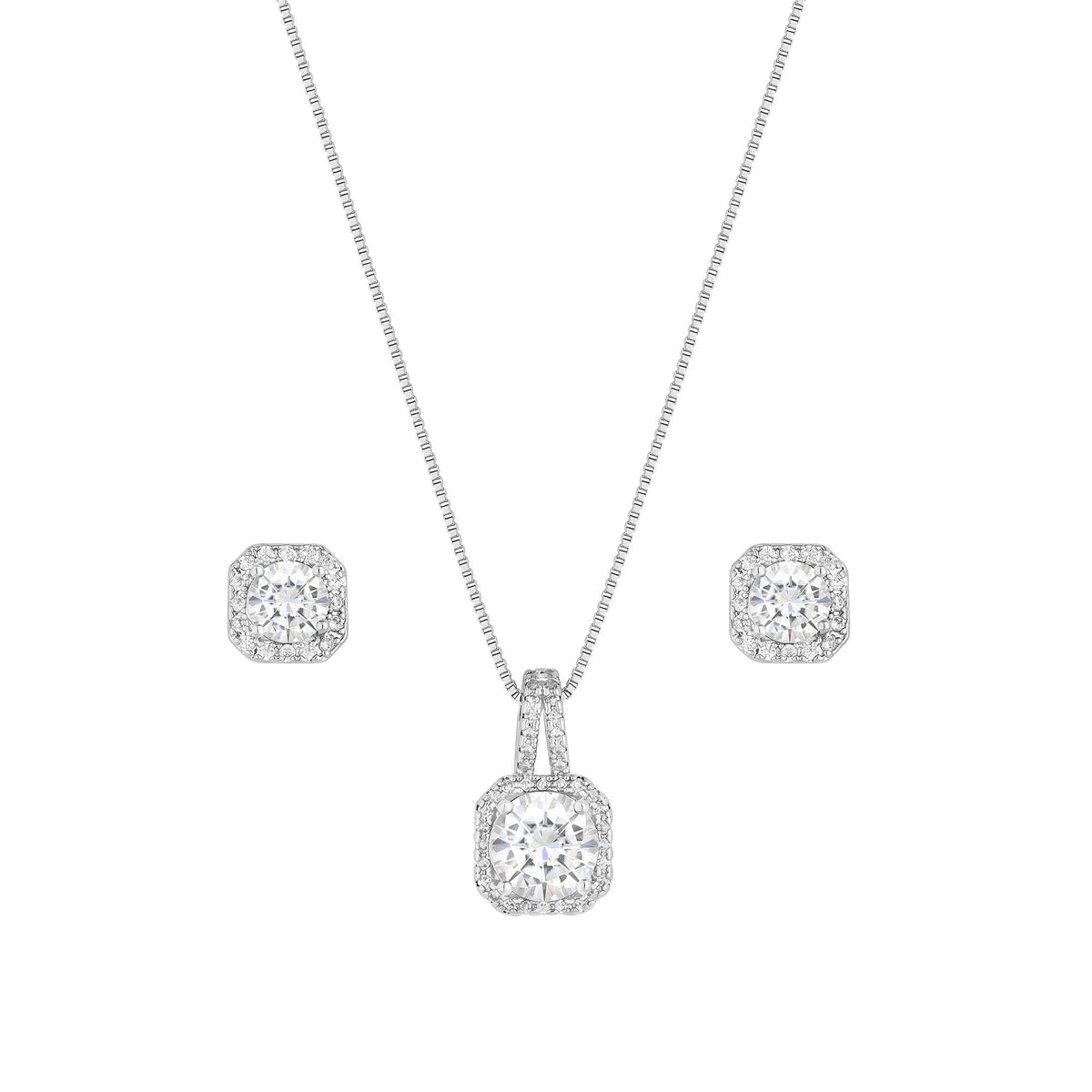 Silver Plated Cubic Zirconia Square Drop Pendant And Earring Set - Gift Boxed
