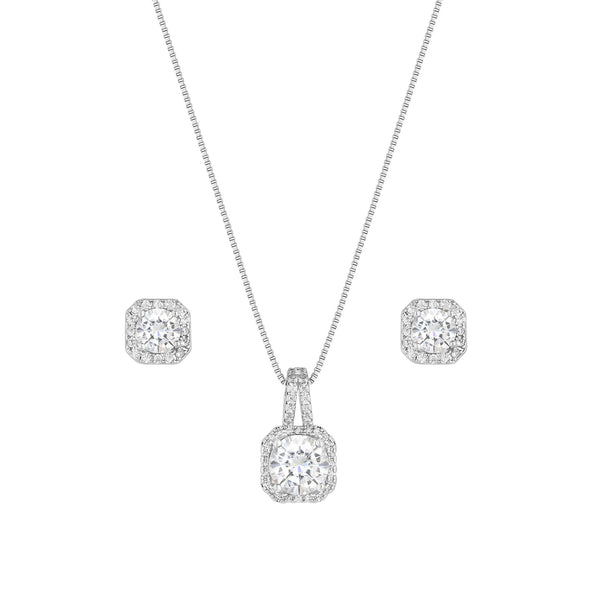 Silver Plated Cubic Zirconia Square Drop Pendant And Earring Set - Gift Boxed