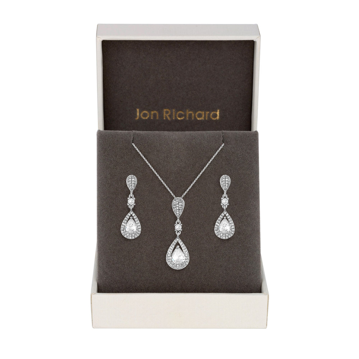 Silver Plated Clear Crystal Pave 3 Tier Pear Drop Matching Set - Gift Box