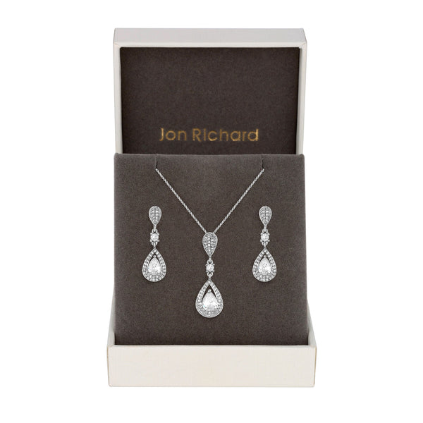 Silver Plated Clear Crystal Pave 3 Tier Pear Drop Matching Set - Gift Box