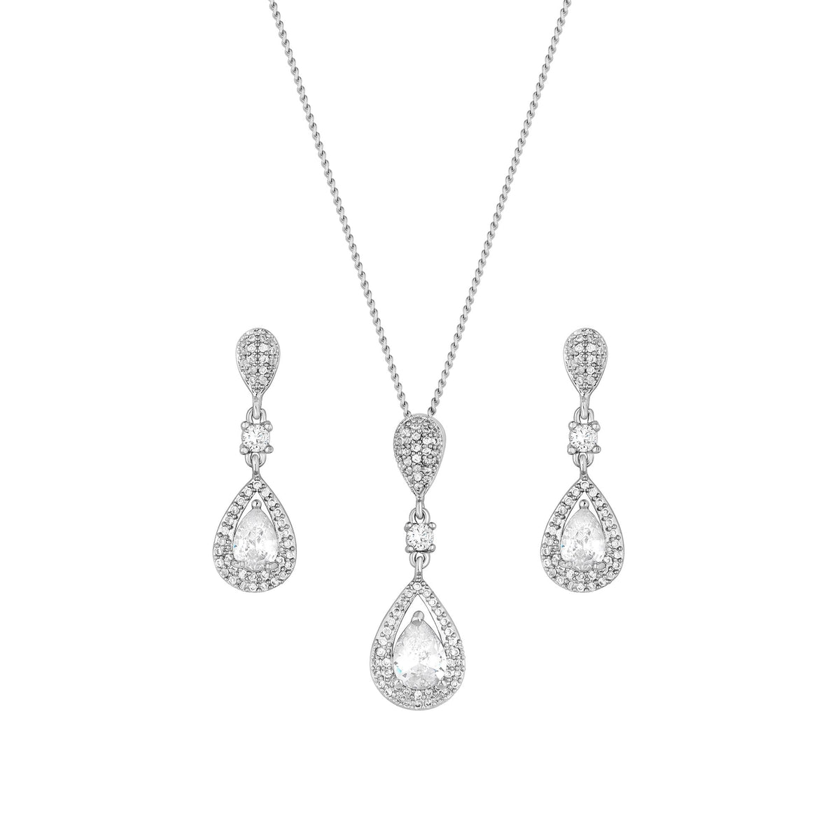 Silver Plated Clear Crystal Pave 3 Tier Pear Drop Matching Set - Gift Box