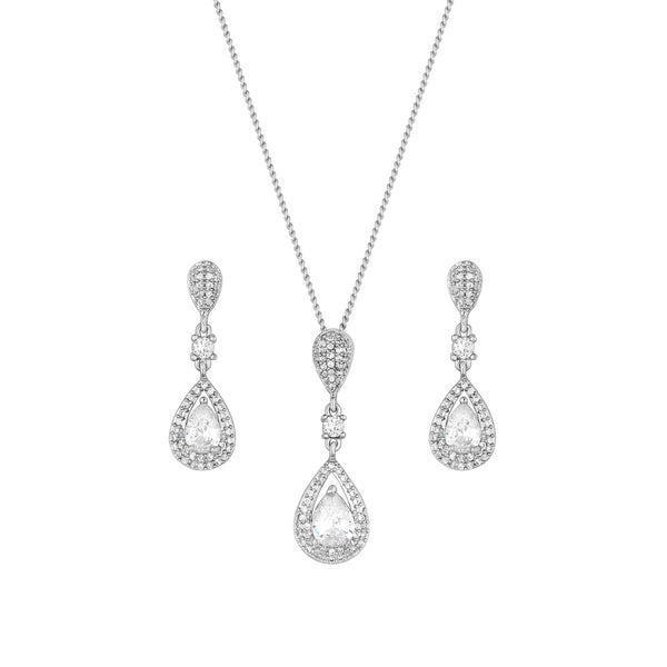 Silver Plated Clear Crystal Pave 3 Tier Pear Drop Matching Set - Gift Box