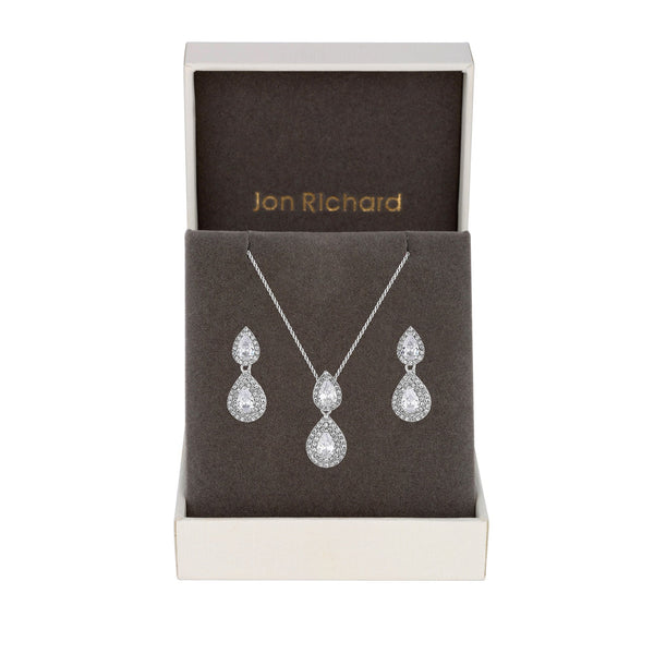 Silver Plated Double Pear Drop Cubic Zirconia Set - Gift Boxed