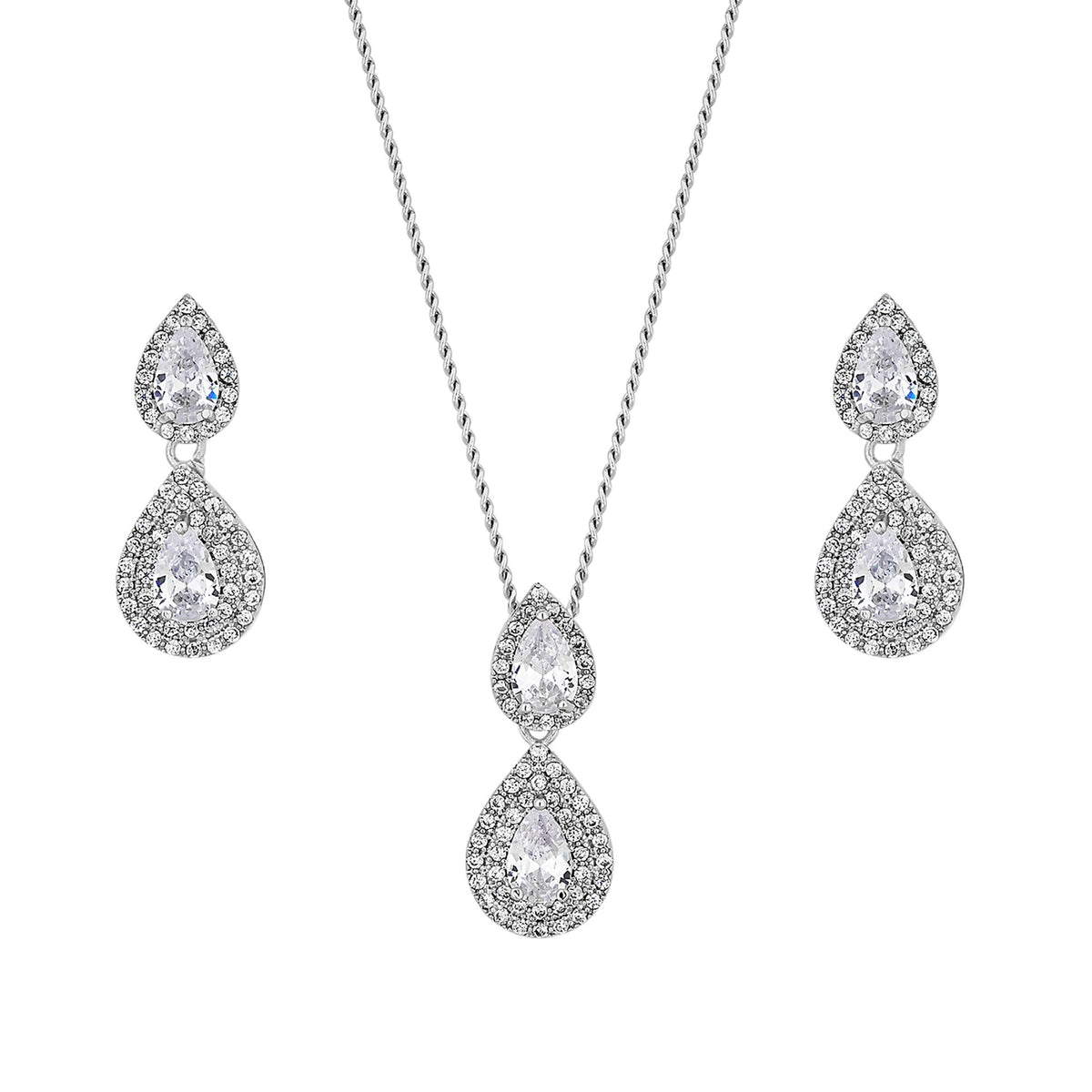 Silver Plated Double Pear Drop Cubic Zirconia Set - Gift Boxed