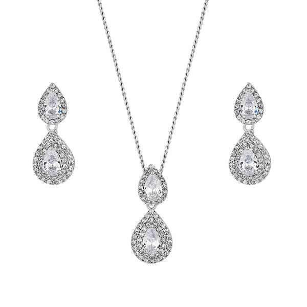 Silver Plated Double Pear Drop Cubic Zirconia Set - Gift Boxed