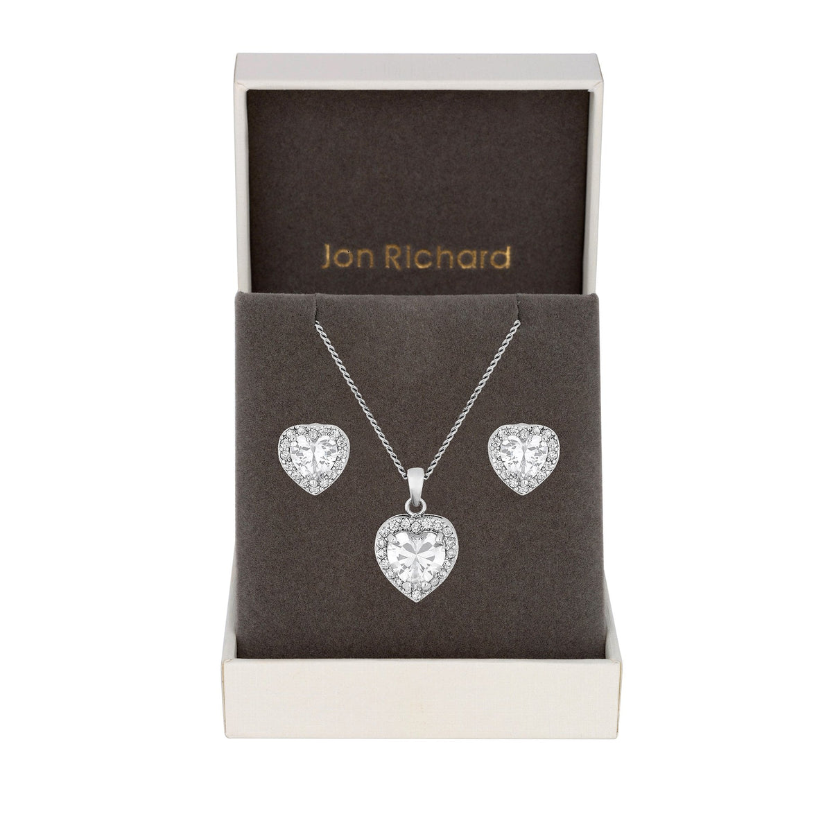 Plated Pave Heart Cubic Zirconia Necklace Earrings Set Gift Boxed