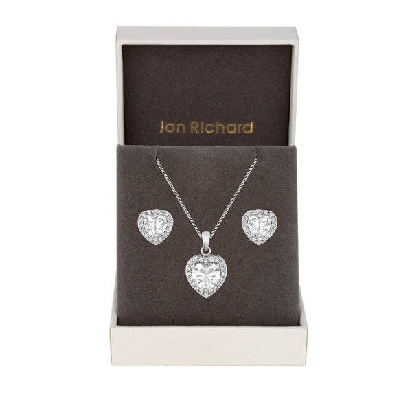 Silver Plated Pave Heart Cubic Zirconia Necklace And Earrings Set - Gift Boxed