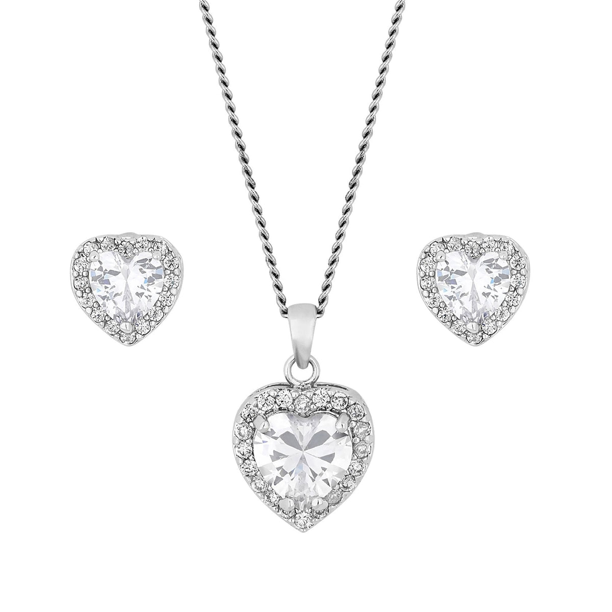 Silver Plated Pave Heart Cubic Zirconia Necklace And Earrings Set - Gift Boxed