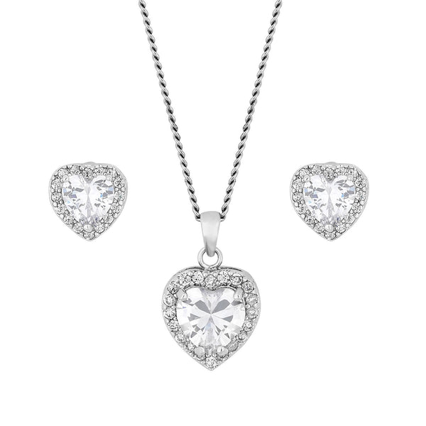 Silver Plated Pave Heart Cubic Zirconia Necklace And Earrings Set - Gift Boxed