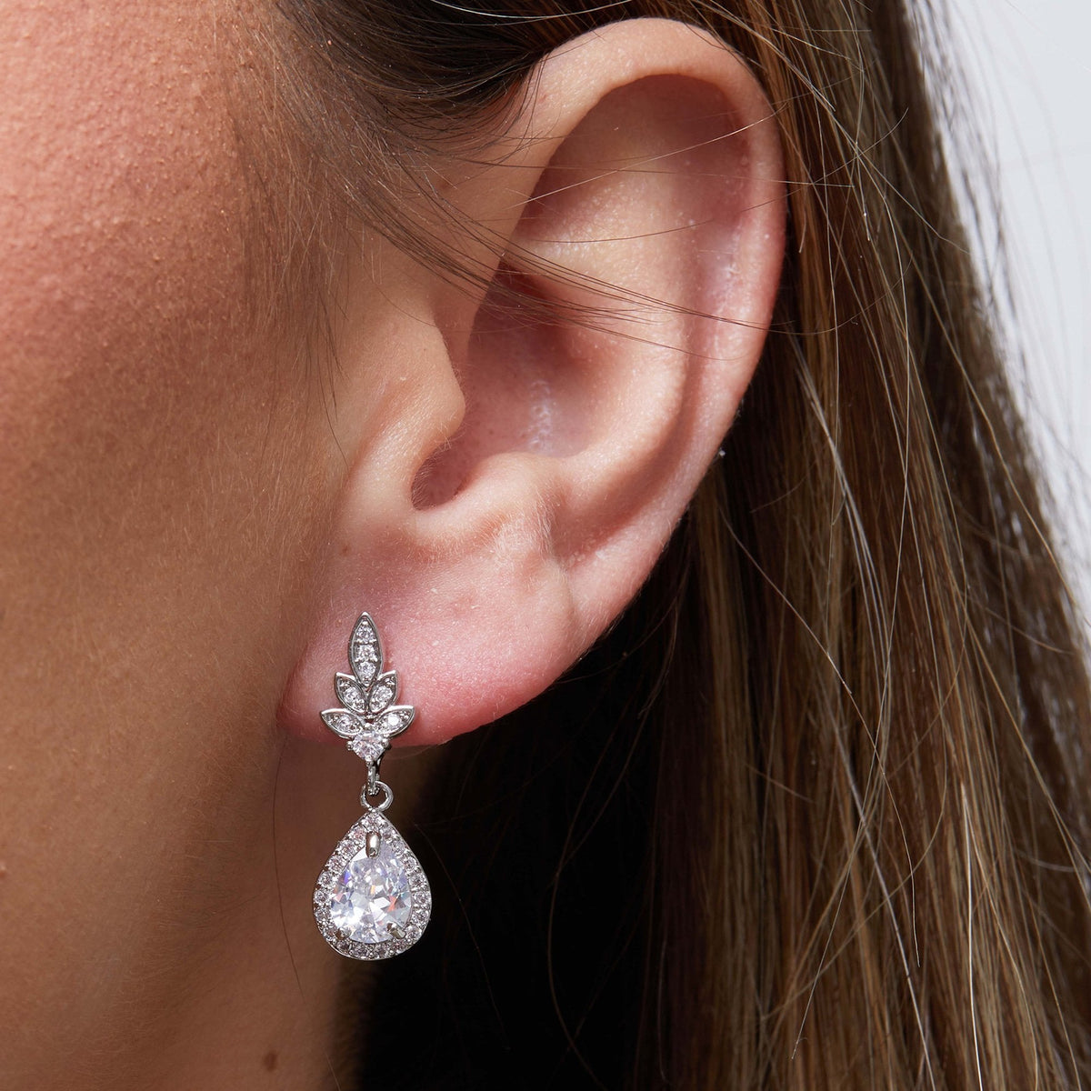 Silver Plated Leaf And Pear Drop Earring