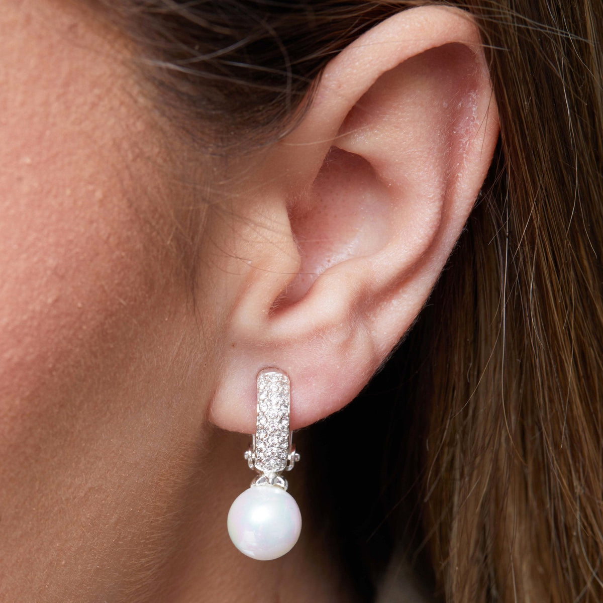 Silver Plated Clear Crystal Pave Half Hoop With Pearl Drop Clip On Earring