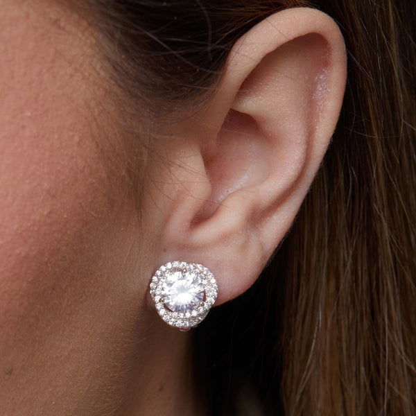 Silver Pave Crossover Halo With Centre Stone Clip Earrings