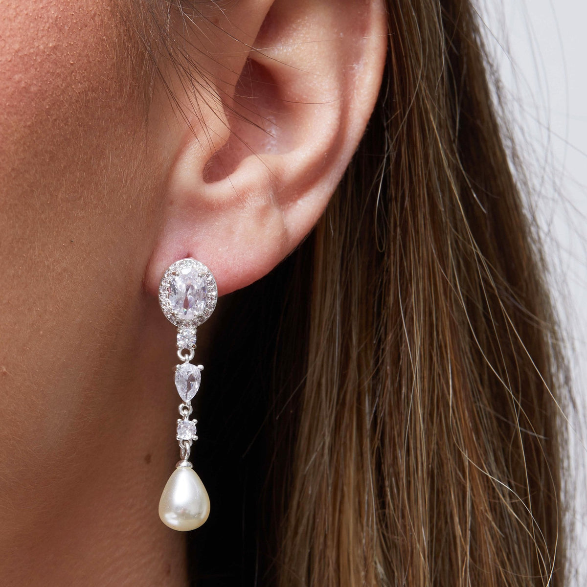 Silver Plated Crystal and Teardrop Pearl Drop Earrings
