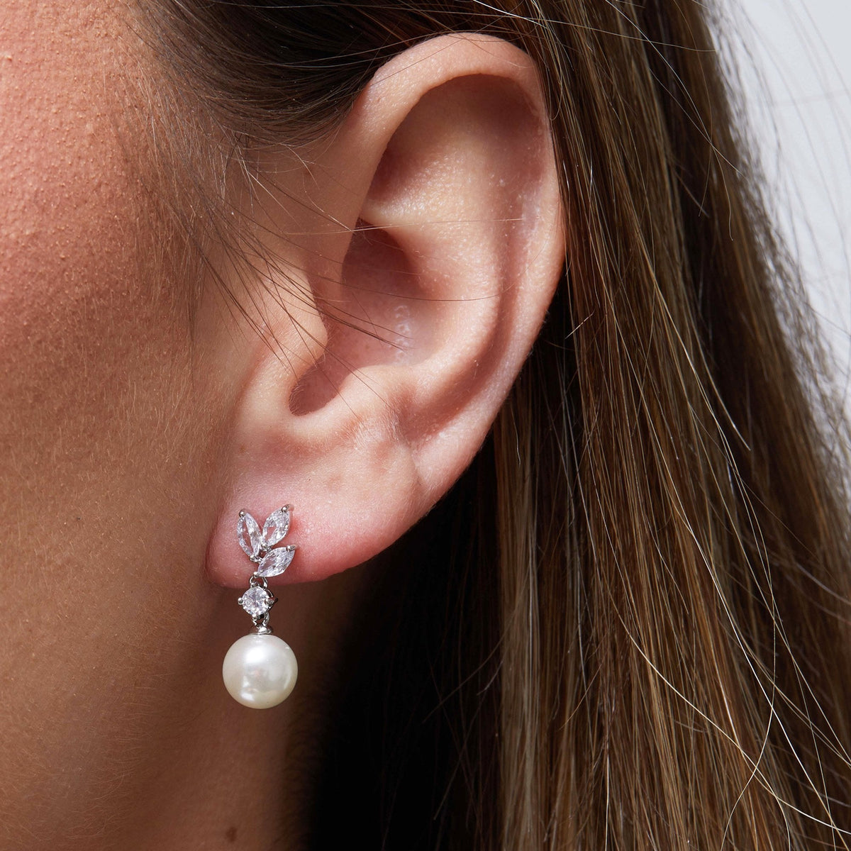 Rhodium Plated Cubic Zirconia Navette And Pearl Drop Earrings