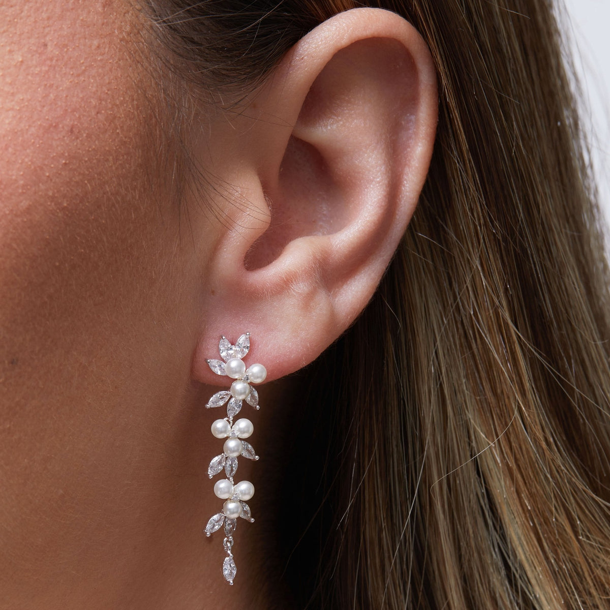 Silver Pearl and Crystal Vine Pear Drop Earring