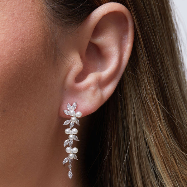 Silver Pearl and Crystal Vine Pear Drop Earring
