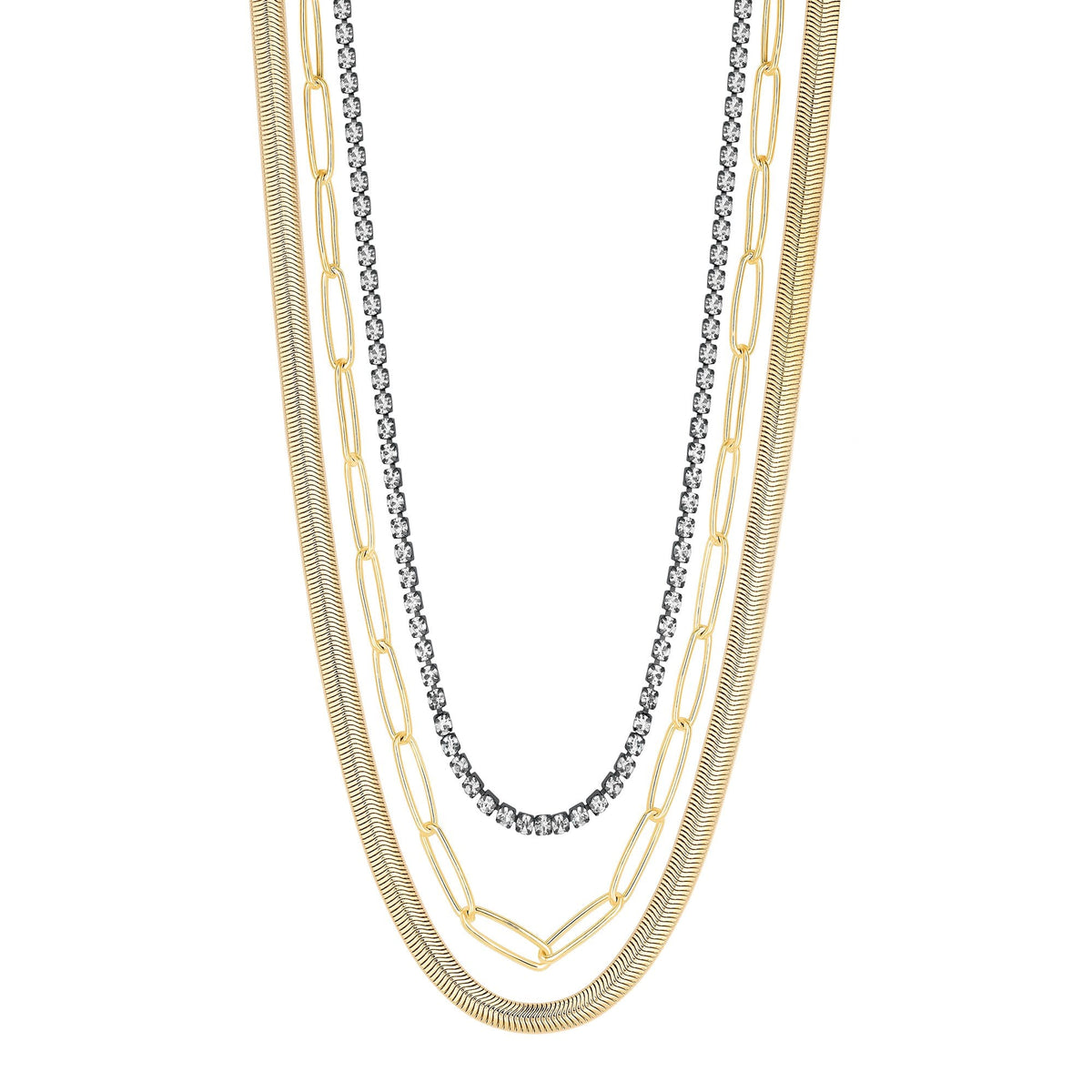 Mood Two Tone Crystal And Chain Layered Necklace - Pack of 3