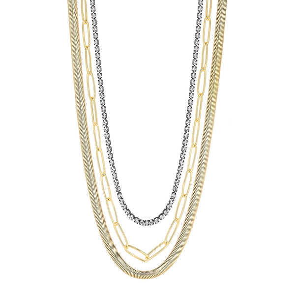 Mood Two Tone Crystal And Chain Layered Necklace - Pack of 3