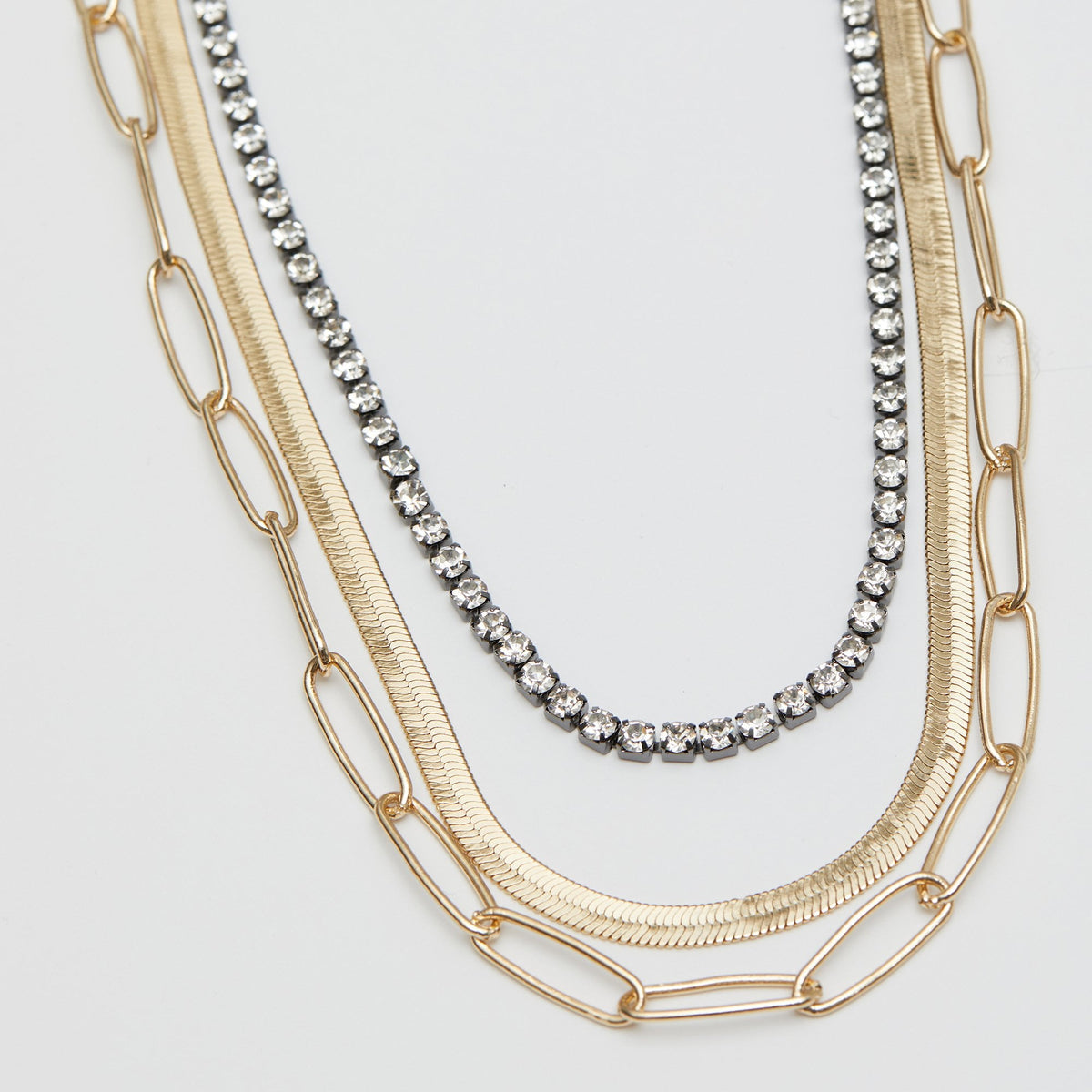 Mood Two Tone Crystal And Chain Layered Necklace - Pack of 3