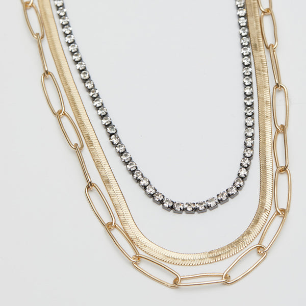 Mood Two Tone Crystal And Chain Layered Necklace - Pack of 3