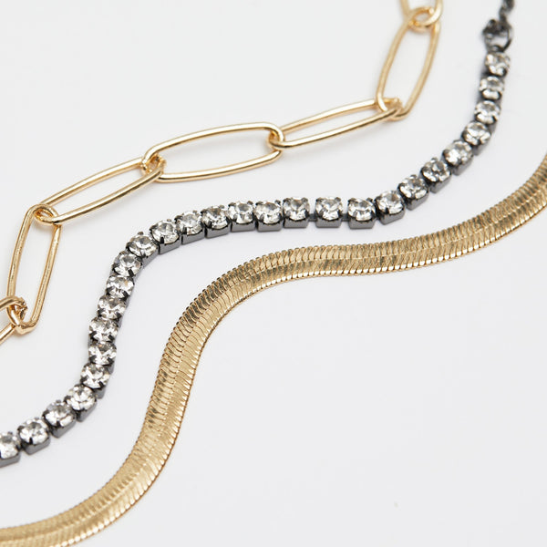 Mood Two Tone Crystal And Chain Layered Necklace - Pack of 3