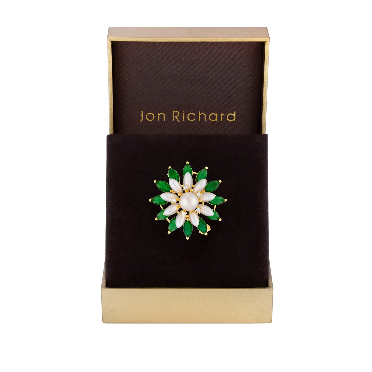 Jon Richard Gold Plated Emerald And Pearl Floral Brooch - Gift Boxed