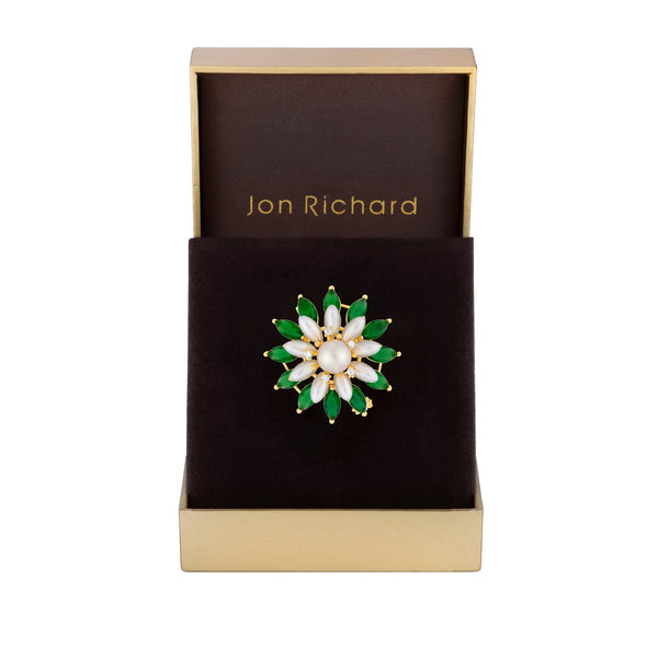 Jon Richard Gold Plated Emerald And Pearl Floral Brooch - Gift Boxed