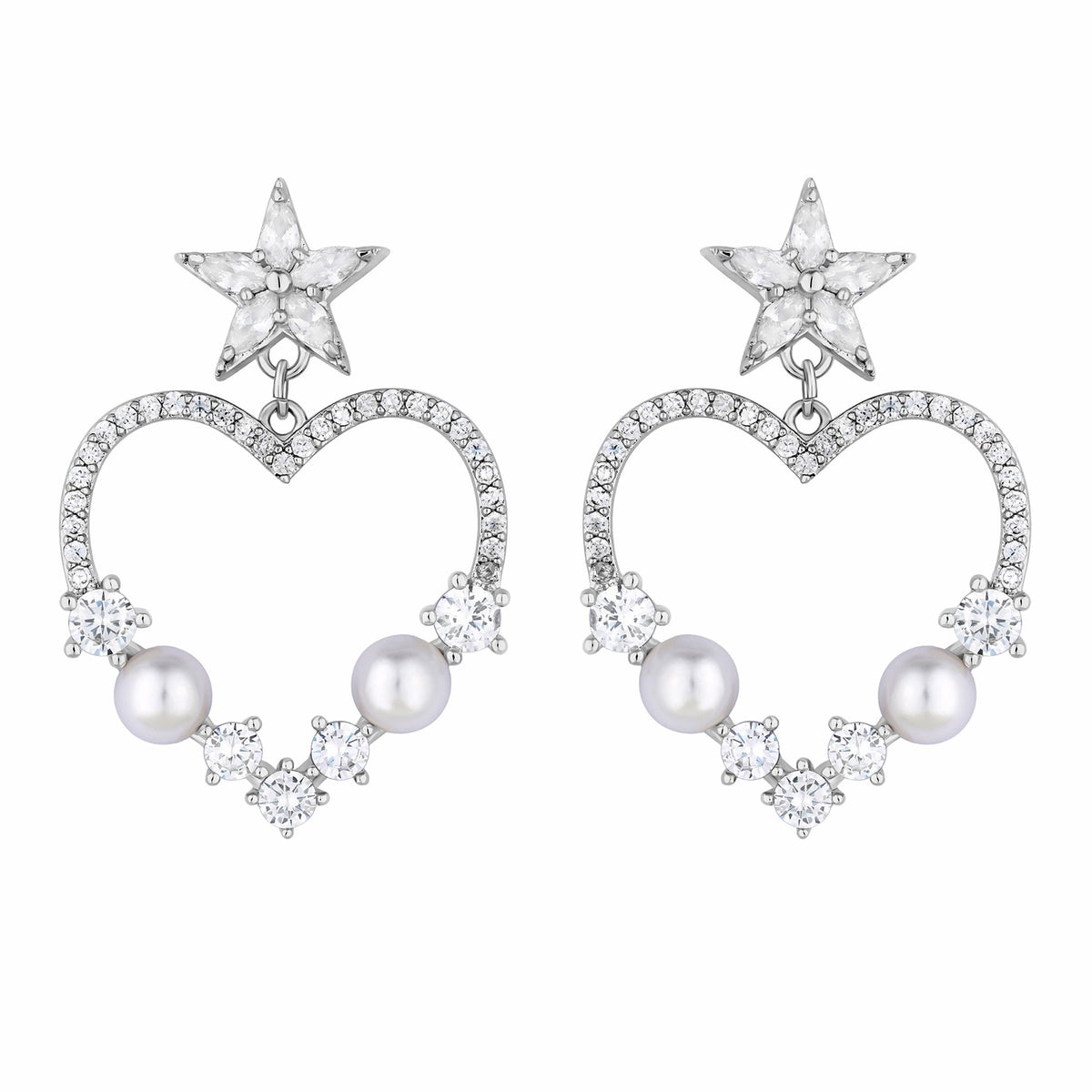 Jon Richard Rhodium Plated Crystal And Pearl Open Heart Earrings