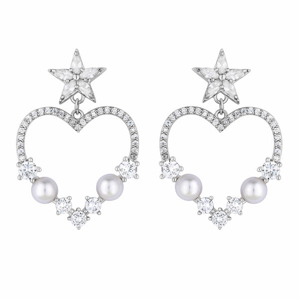Jon Richard Rhodium Plated Crystal And Pearl Open Heart Earrings