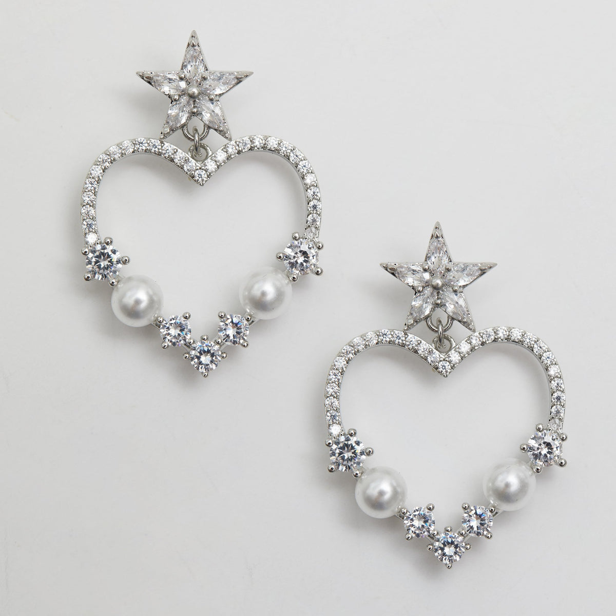 Jon Richard Rhodium Plated Crystal And Pearl Open Heart Earrings
