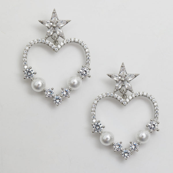 Jon Richard Rhodium Plated Crystal And Pearl Open Heart Earrings
