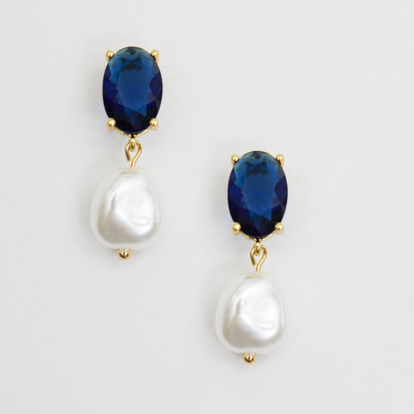 Jon Richard Gold Plated Cubic Zirconia Blue Stone And Pearl Drop Earrings