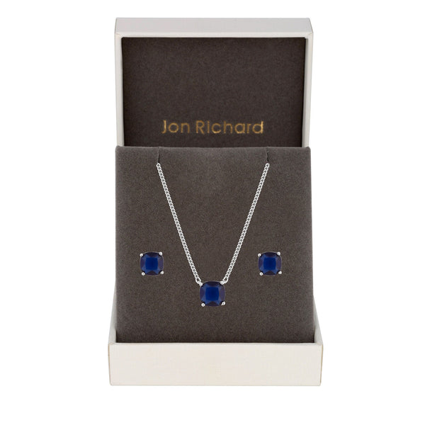 Jon Richard Rhodium Plated Cubic Zirconia Open Stone Sapphire Set - Gift Boxed