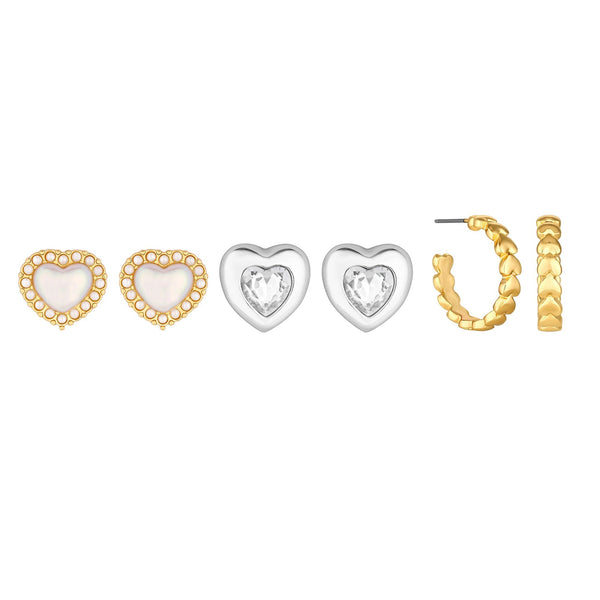 Mood Two Tone Crystal And Pearl Heart Stud Earrings - Pack of 3