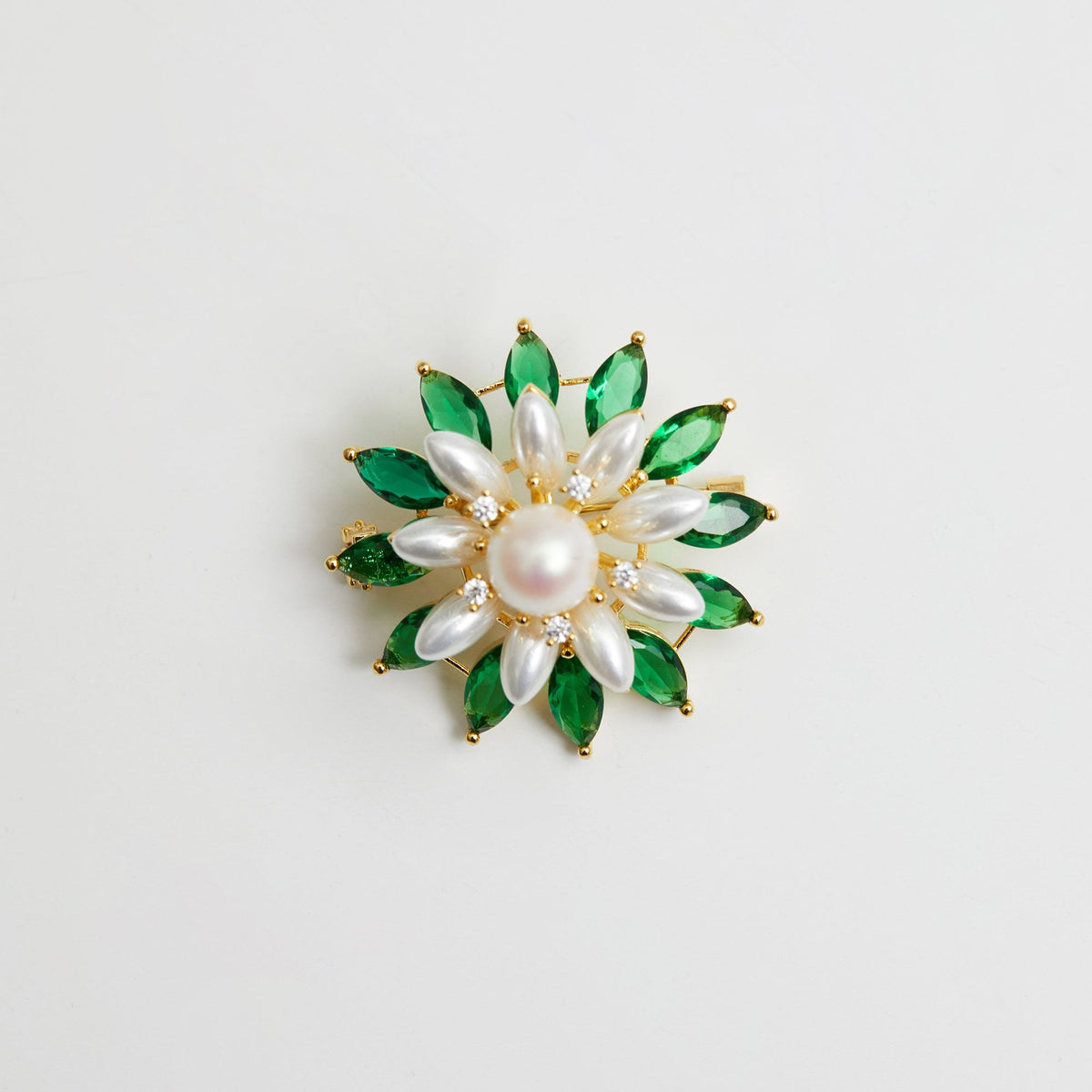 Jon Richard Gold Plated Emerald And Pearl Floral Brooch - Gift Boxed