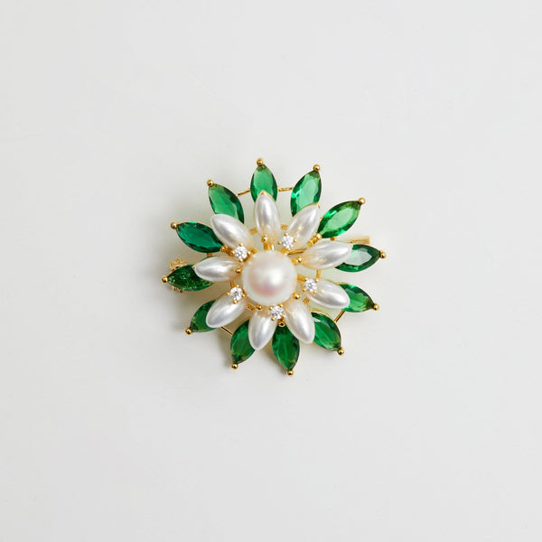 Jon Richard Gold Plated Emerald And Pearl Floral Brooch - Gift Boxed
