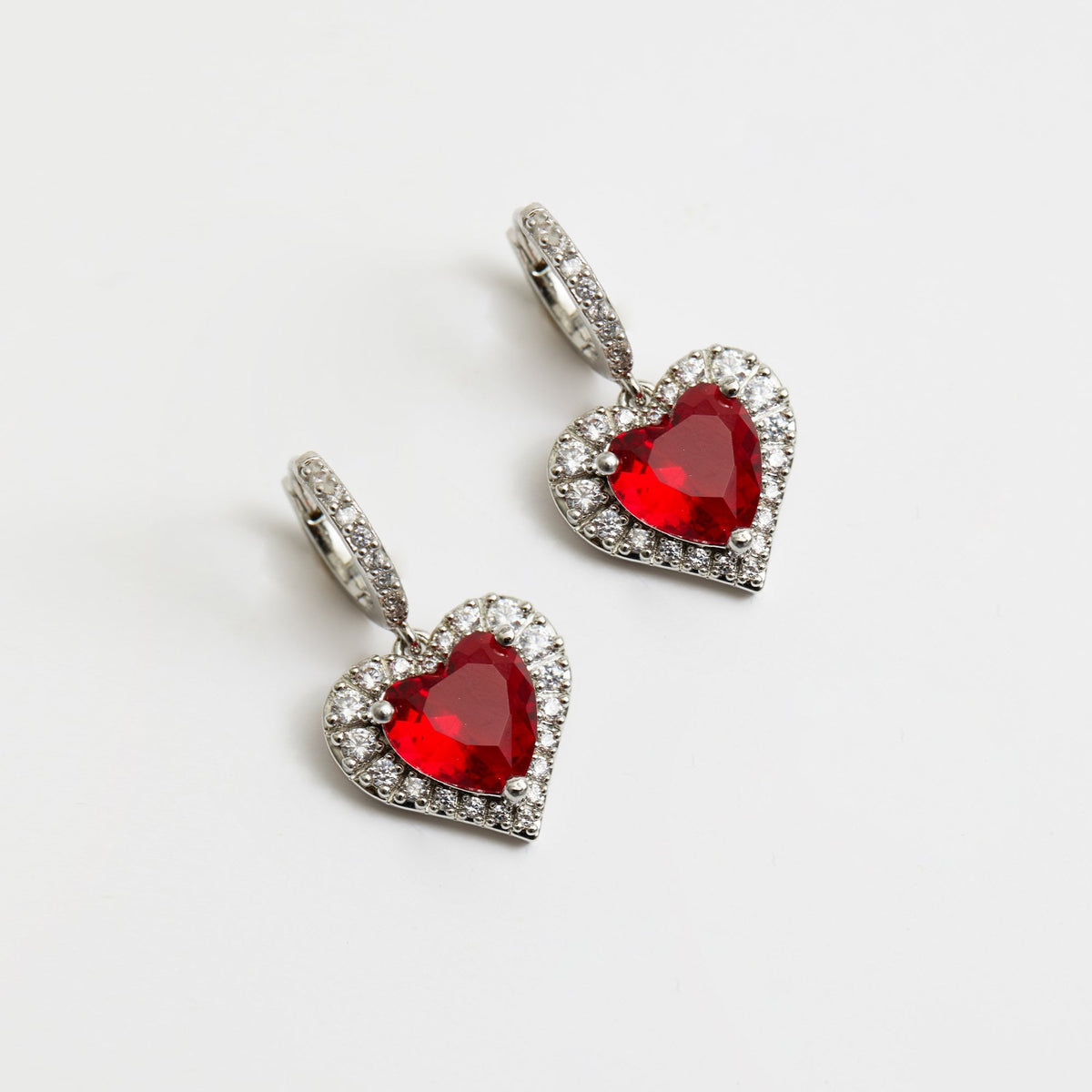 Jon Richard Rhodium Plated Cubic Zirconia Red Heart Earrings - Gift Boxed