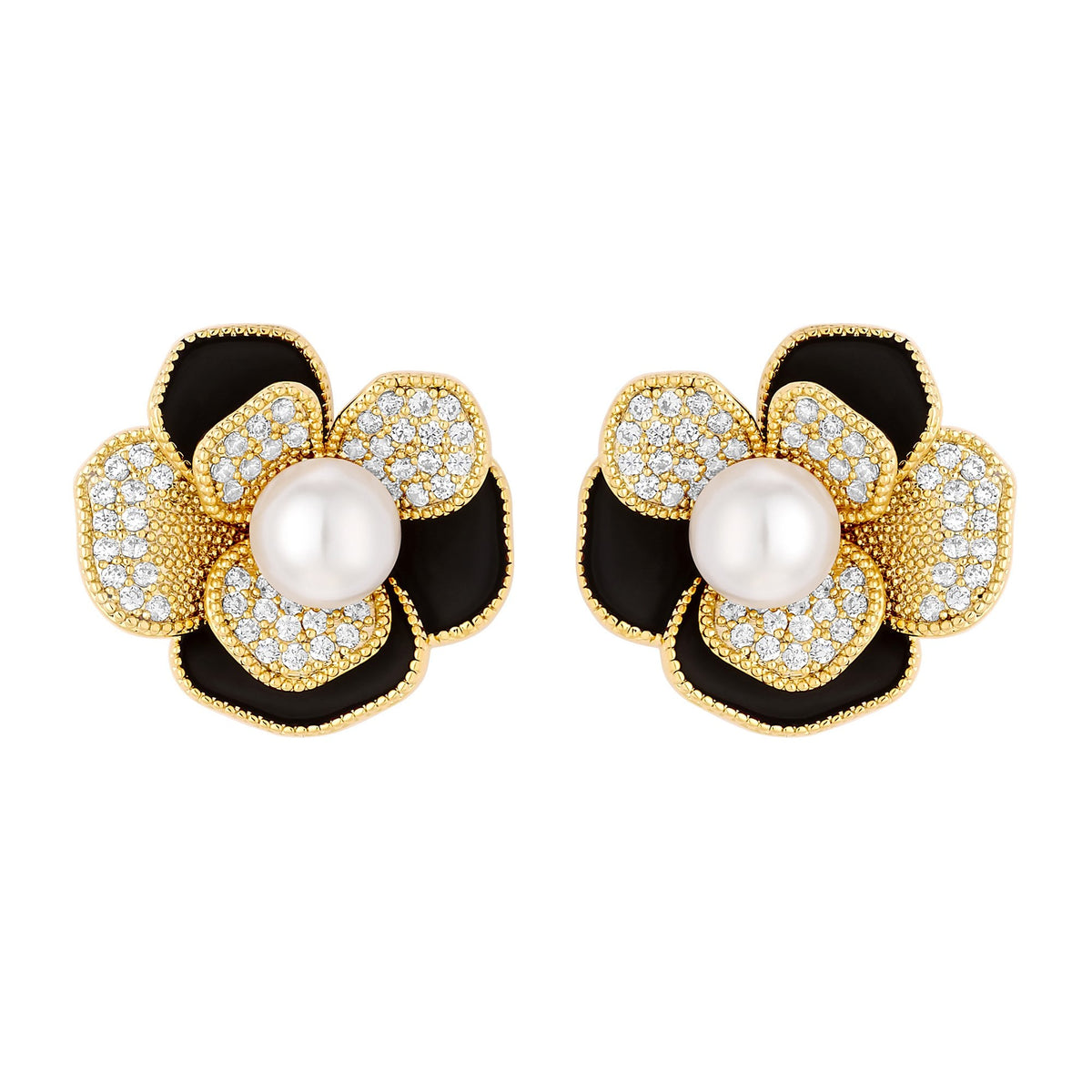 Jon Richard Gold Plated Jet And Pearl Flower Stud Earrings