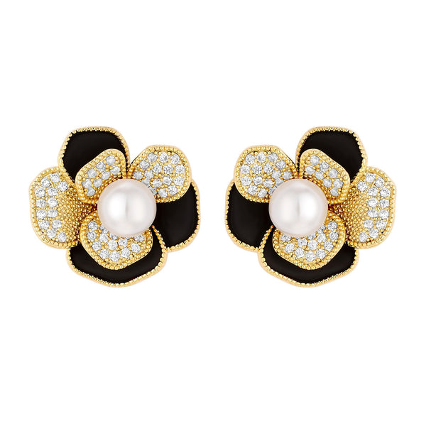 Jon Richard Gold Plated Jet And Pearl Flower Stud Earrings
