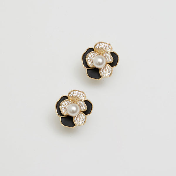 Jon Richard Gold Plated Jet And Pearl Flower Stud Earrings