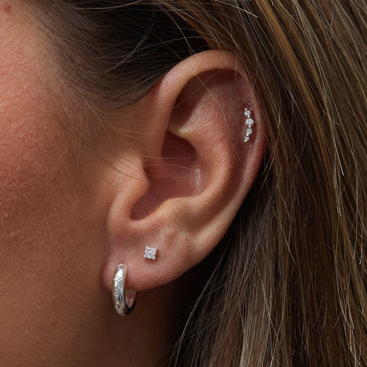 Silver Plated Recycled Cubic Zirconia Multi Stone Mini Barbell Stud Earrings - Gift Pouch