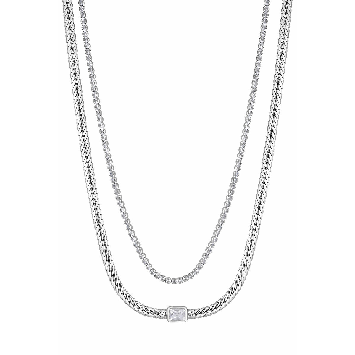 Inicio Silver Plated Recycled Cobra Double Chain And Cubic Zirconia Necklace - Gift Pouch