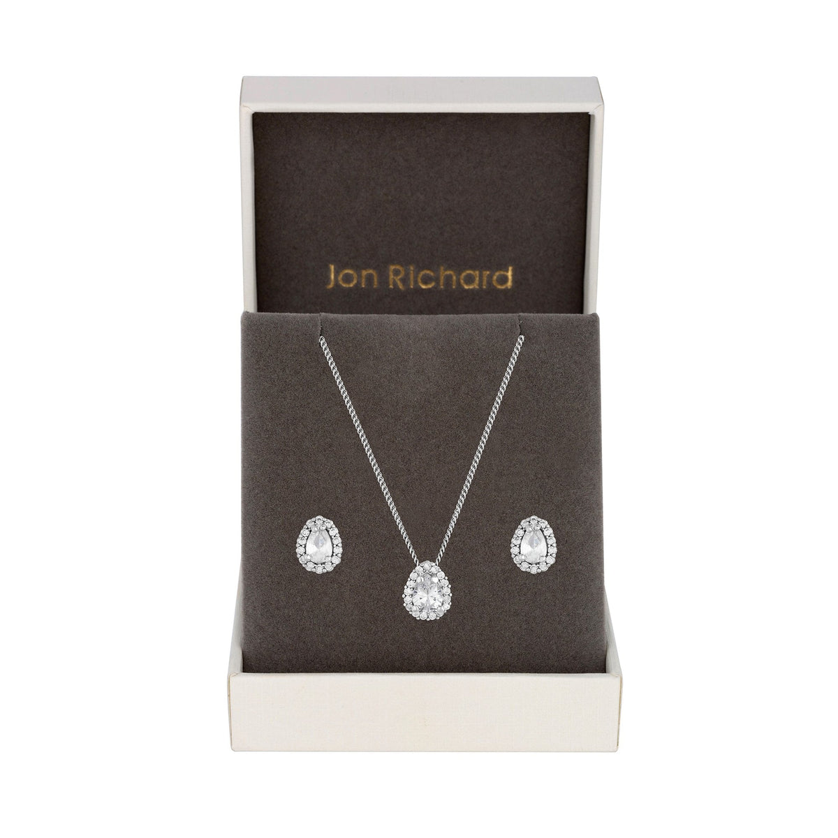 Jon Richard Rhodium Plated Cubic Zirconia Pear Stone Set - Gift Boxed