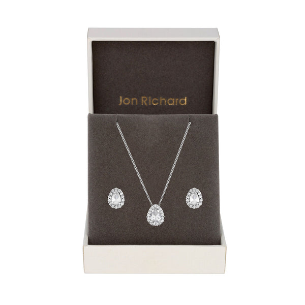 Jon Richard Rhodium Plated Cubic Zirconia Pear Stone Set - Gift Boxed