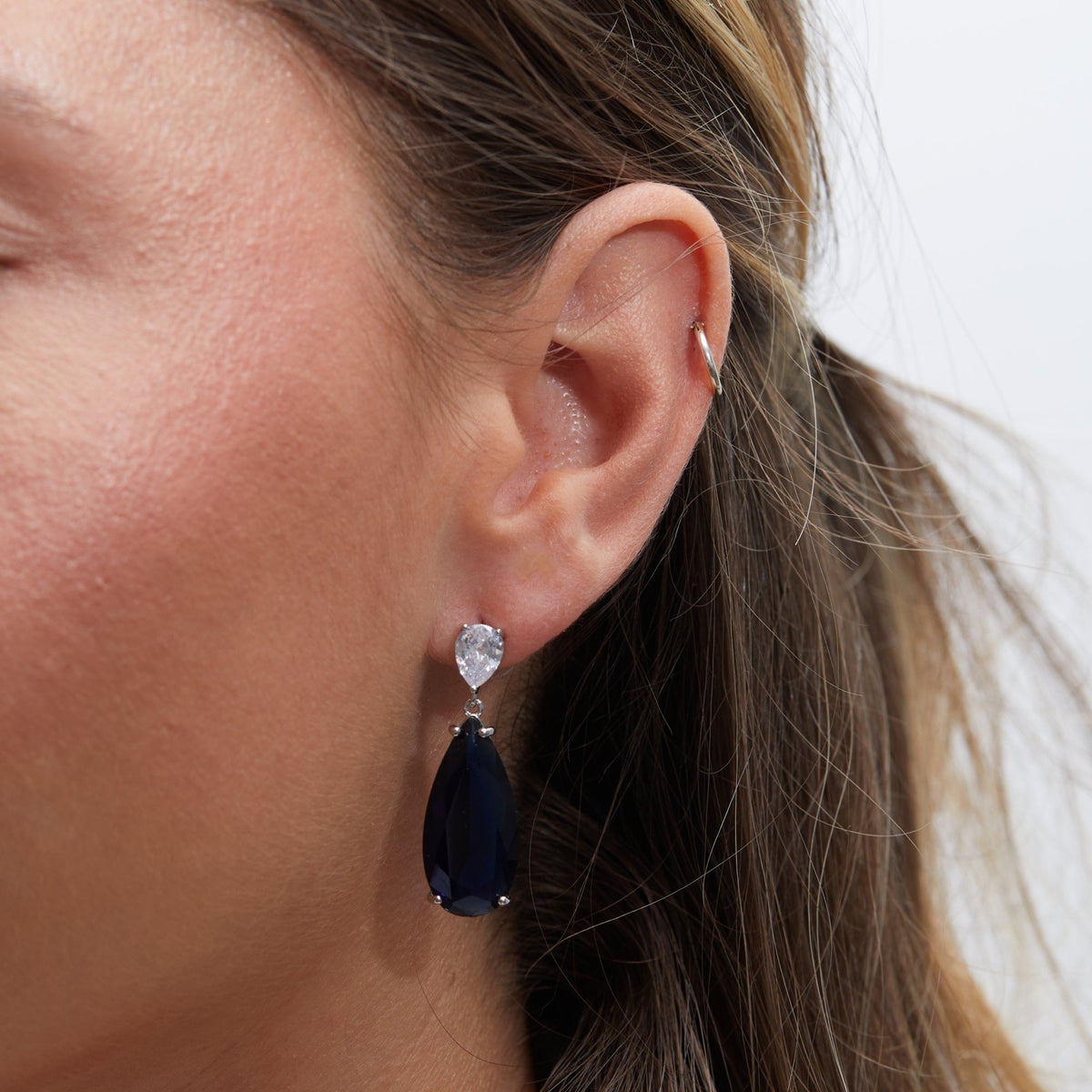 Jon Richard Rhodium Plated Cubic Zirconia Statement Blue Peardrop Earrings - Gift Boxed