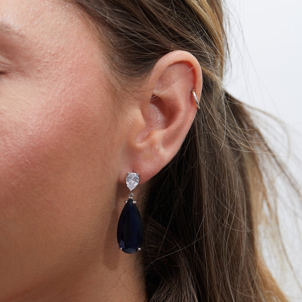Jon Richard Rhodium Plated Cubic Zirconia Statement Blue Peardrop Earrings - Gift Boxed