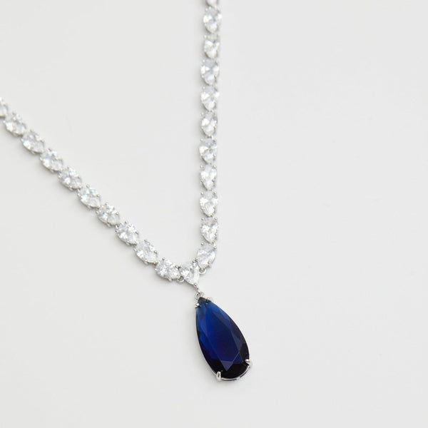 Jon Richard Rhodium Plated Cubic Zirconia Statement Blue Peardrop Necklace - Gift Boxed