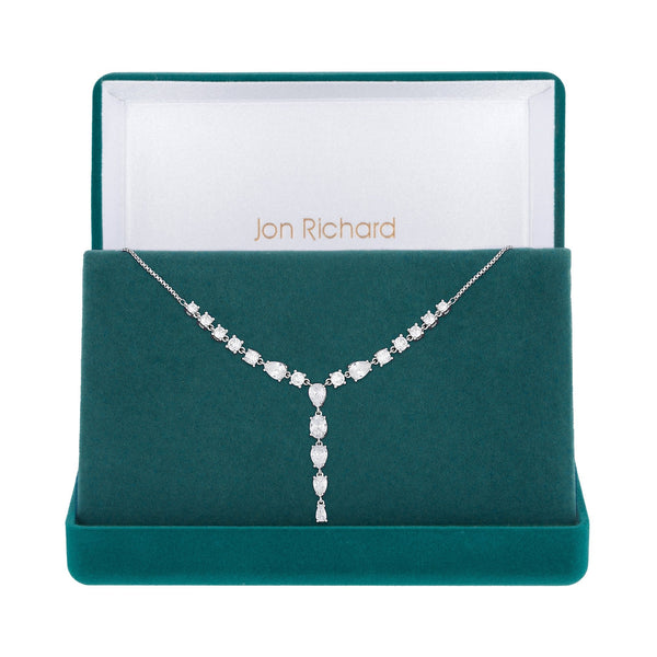 Jon Richard Rhodium Plated Cubic Zirconia Pear Y Necklace - Gift Boxed